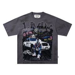 BKYS Hip Hop Rapper Taxi Grey Star Washed Oversized Graphic T‑Shirt