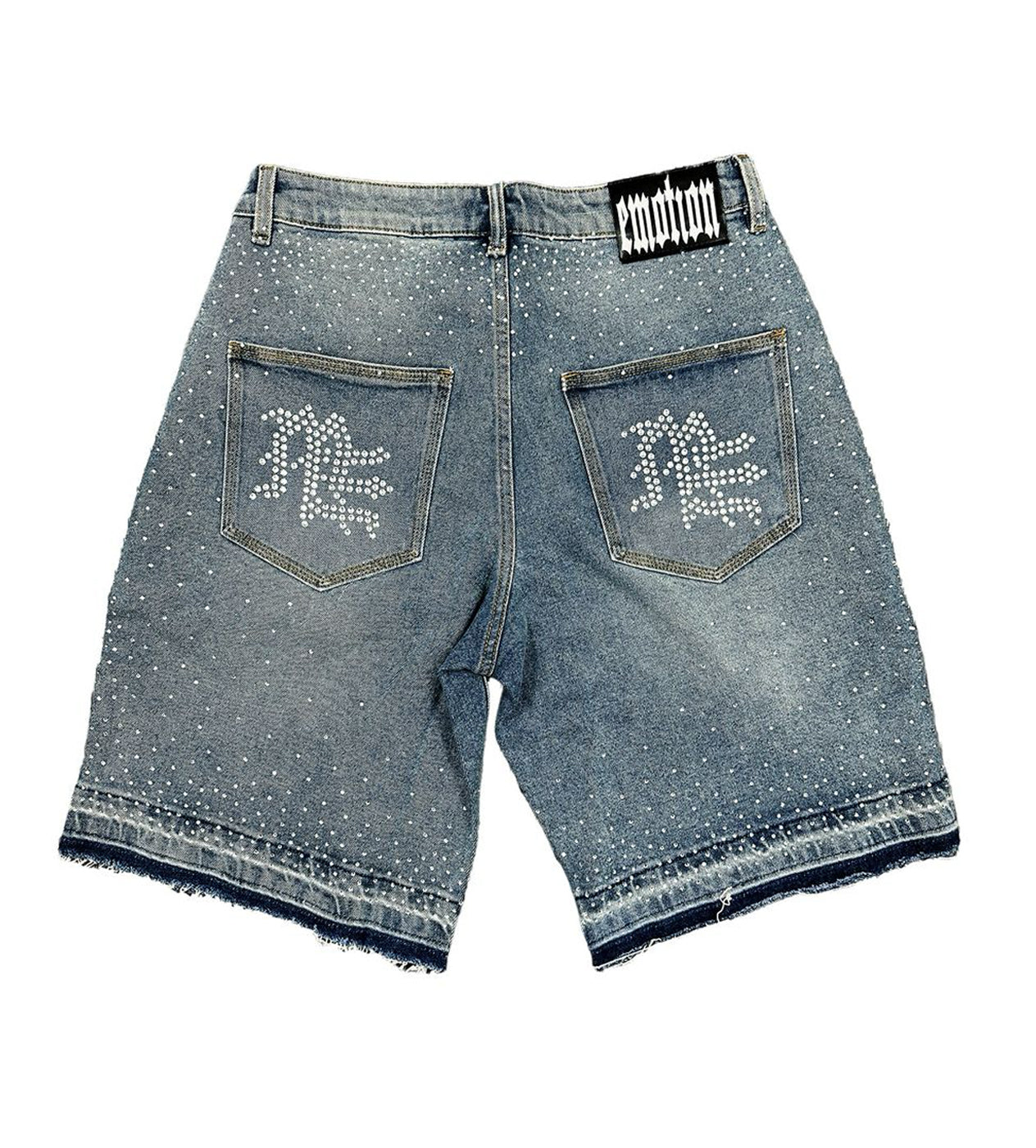 Mixed Emotions "ME" Rhinestone Denim Shorts Blue