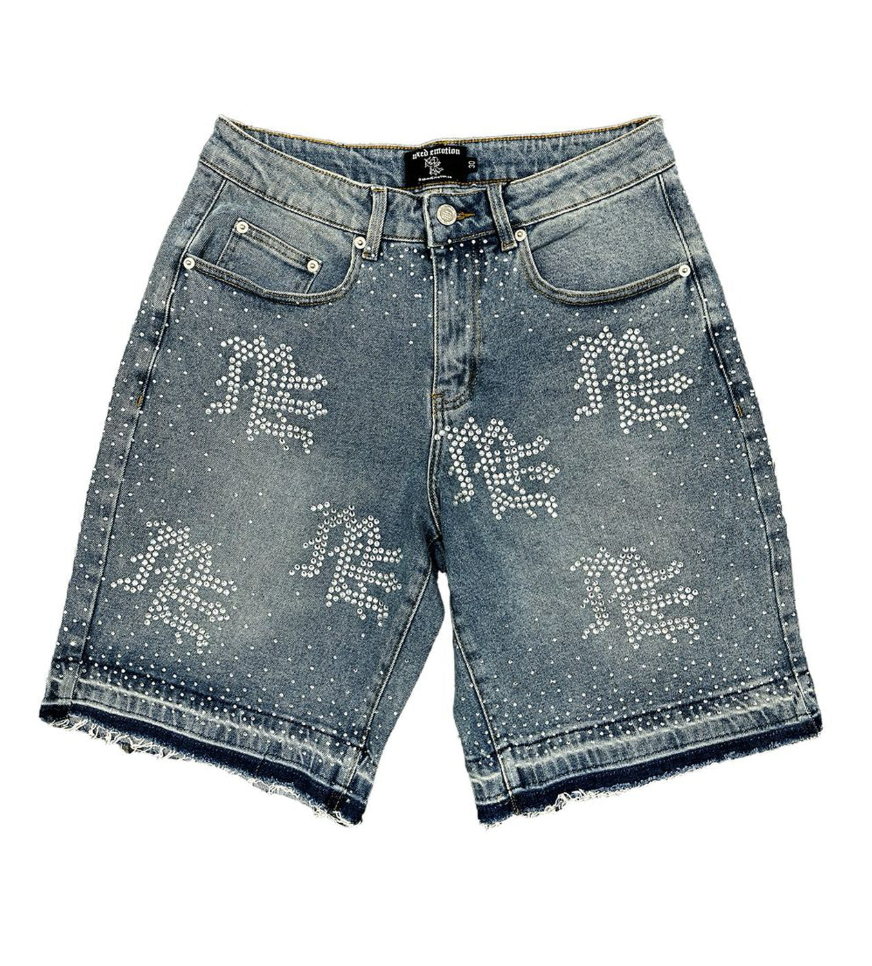 Mixed Emotions "ME" Rhinestone Denim Shorts Blue