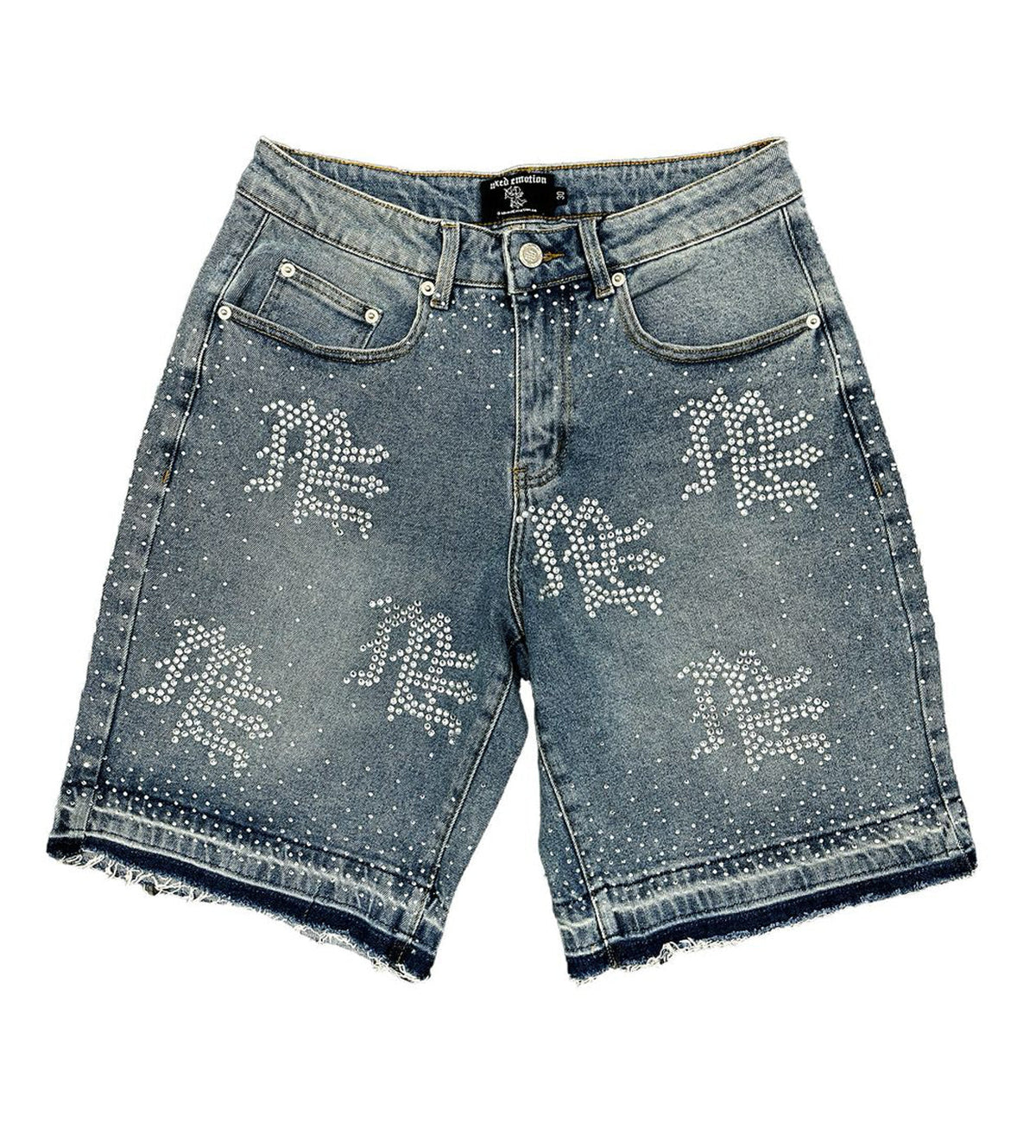 Mixed Emotions "ME" Rhinestone Denim Shorts Blue