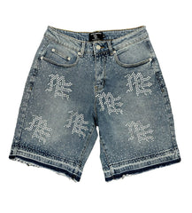 Mixed Emotions "ME" Rhinestone Denim Shorts Blue